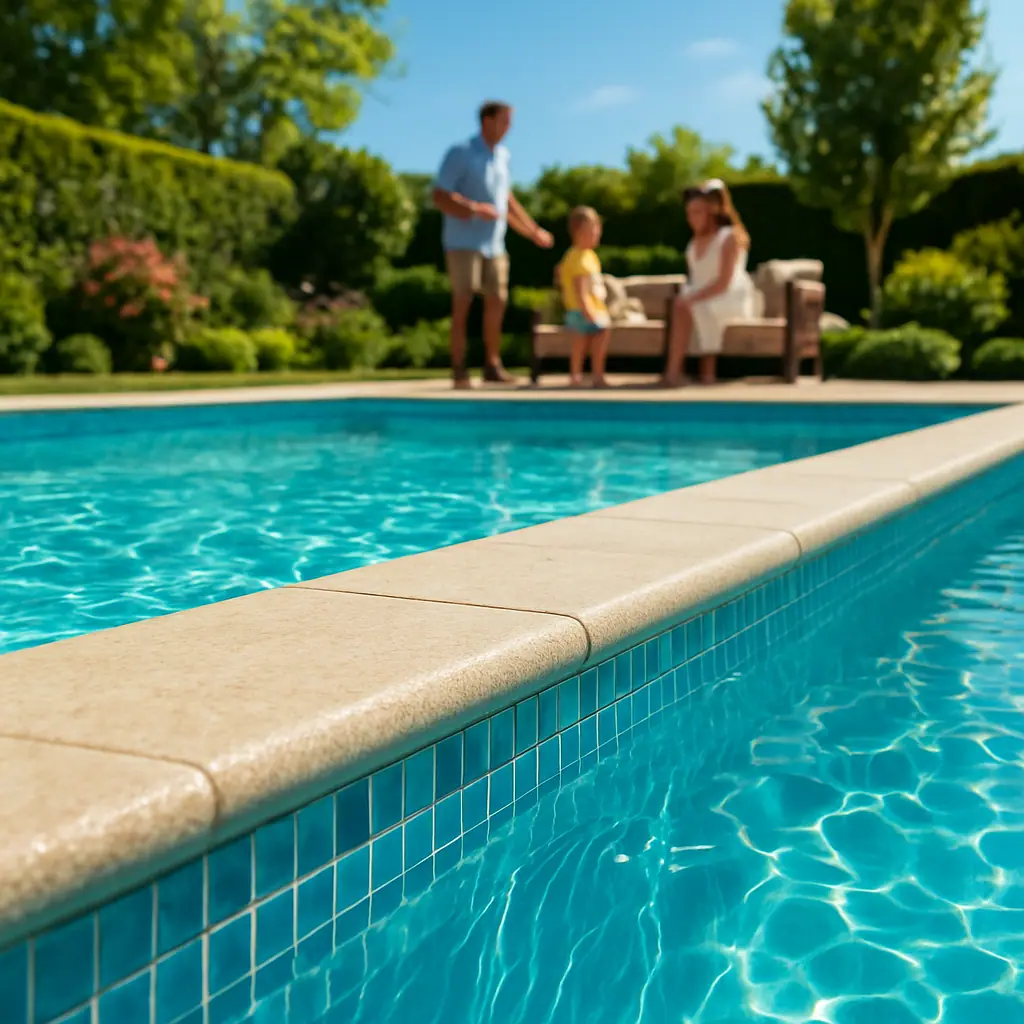 Elegant detail of a pool edge and waterline tile