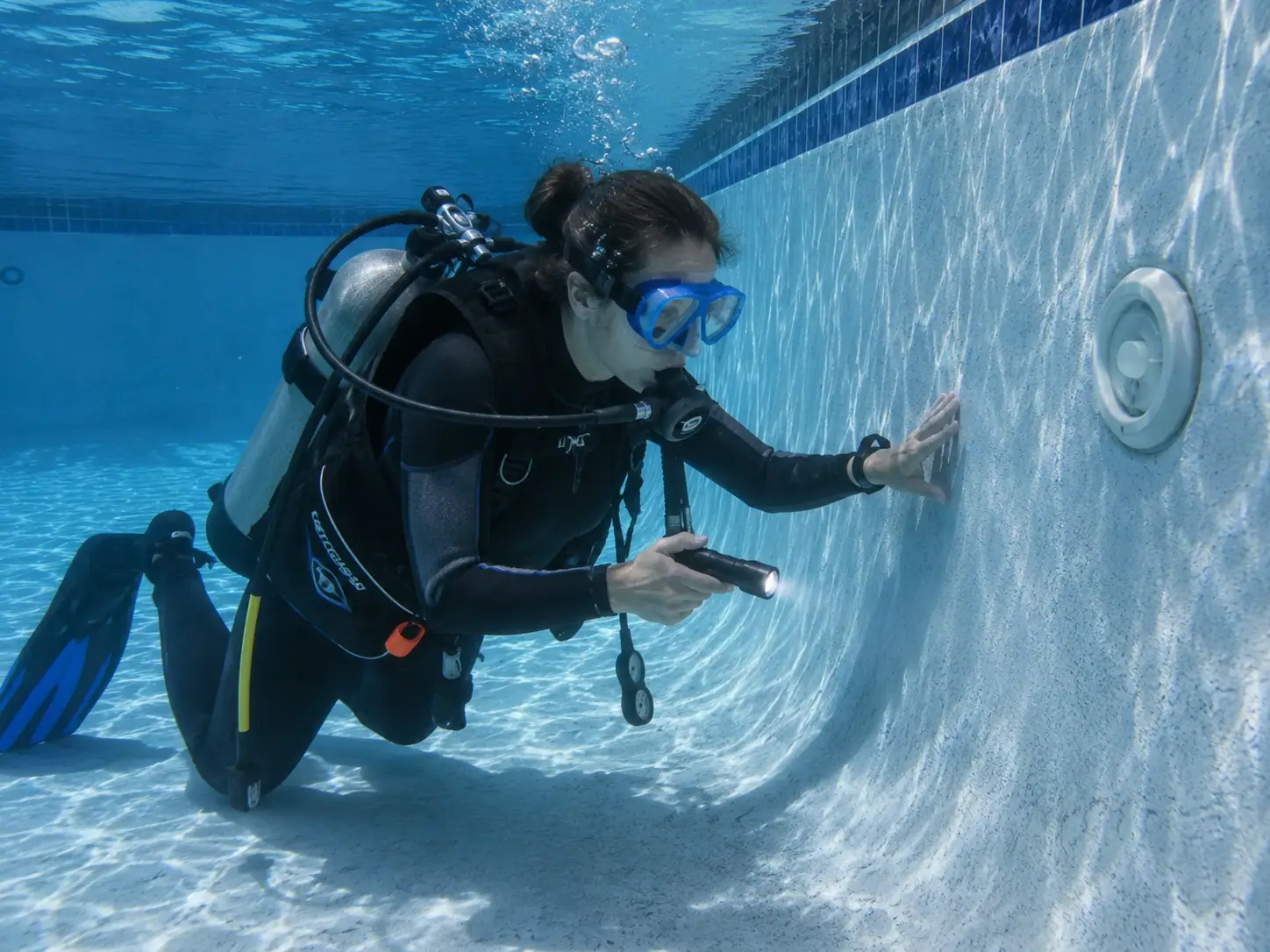 Pool Leak Masters diver inspecting an underwater pool wall with a flashlight during a leak inspection