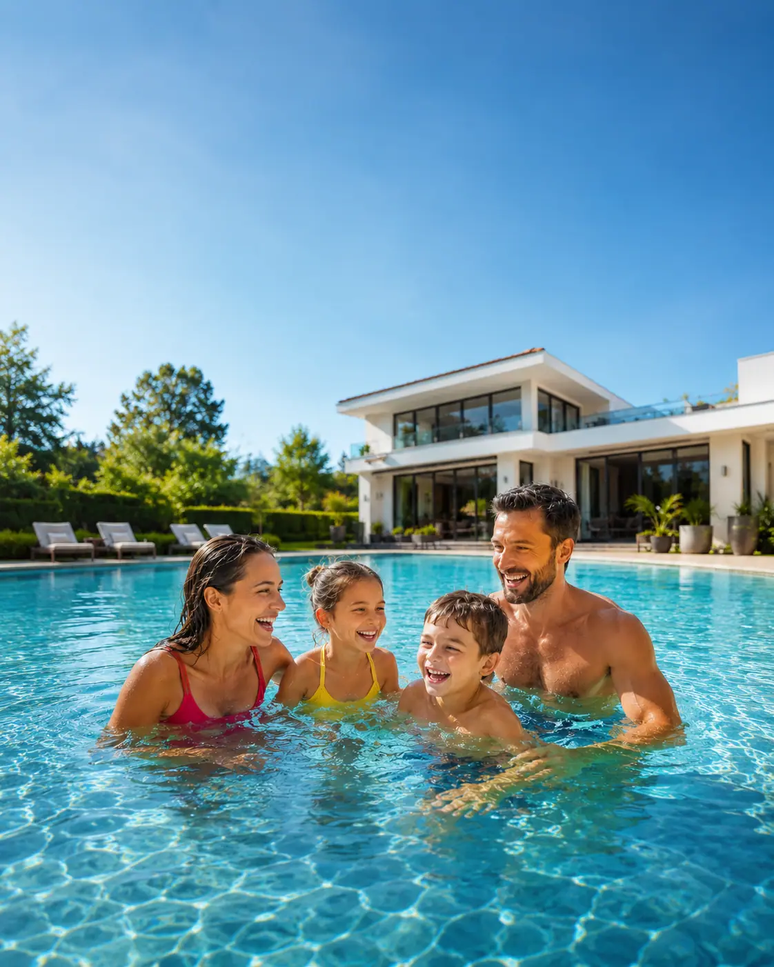 Backyard with a pristine swimming pool at golden hour