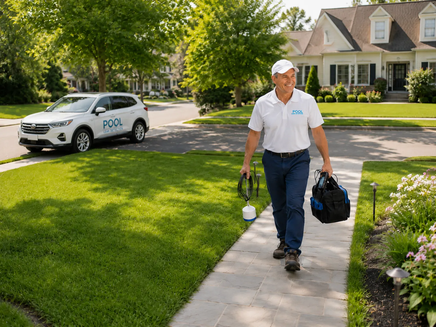 Smiling Pool Leak Masters technician arriving at a home with detection equipment and a branded service vehicle in the driveway