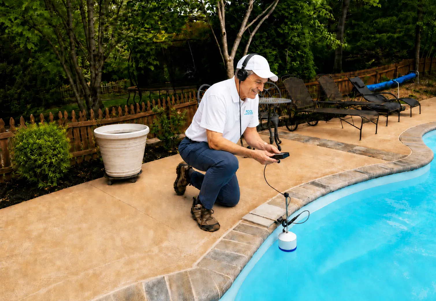 Pool Leak Masters technician kneeling at the pool edge with headphones and a sensor probe performing electronic leak detection
